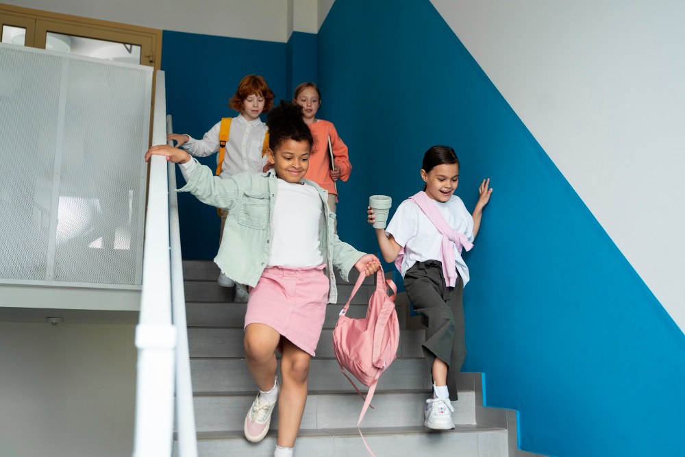 Crianças descendo as escadas da escola correndo.